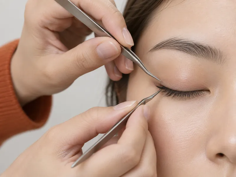 Technicienne qui pose une extension de cils à la pince