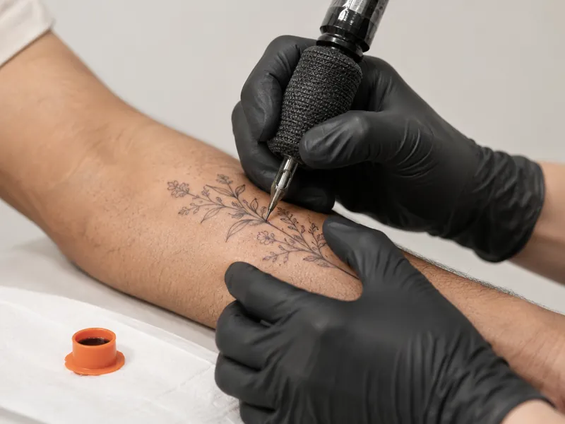 Tatoueur ganté qui tatoue un motif floral sur un avant-bras